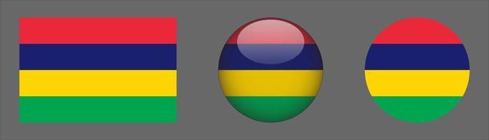 Mauritius Flag Set Collection, Original Size Ratio, 3D Rounded and Flat Rounded. vector