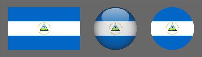 colección de conjunto de bandera de nicaragua, relación de tamaño original, redondeado 3d y redondeado plano. vector