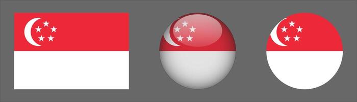 Singapore Flag Set Collection, Original Size Ratio, 3D Rounded and Flat Rounded. vector