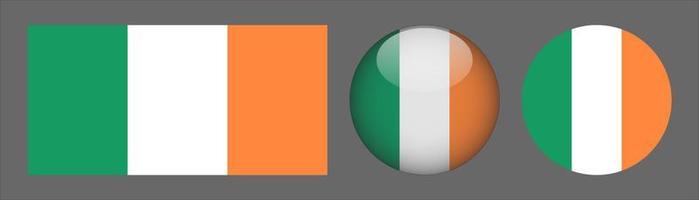 Colección de conjunto de bandera de Irlanda, relación de tamaño original, redondeado en 3D y redondeado plano vector