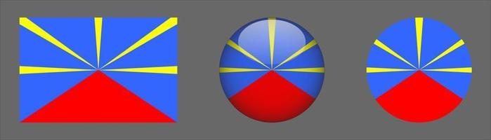 Reunion Flag Set Collection, Original Size Ratio, 3D Rounded and Flat Rounded. vector