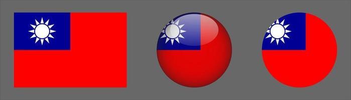 Taiwan Flag Set Collection, Original Size Ratio, 3D Rounded and Flat Rounded. vector