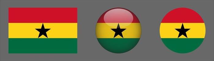 Colección de conjunto de bandera de Ghana, relación de tamaño original, redondeado en 3D y redondeado plano vector