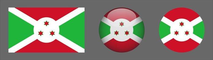Colección de conjunto de bandera de burundi, relación de tamaño original, redondeado en 3d y redondeado plano vector