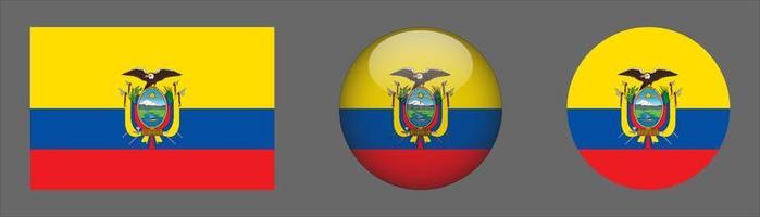 Colección de conjunto de bandera de ecuador, relación de tamaño original, redondeado 3d y redondeado plano vector