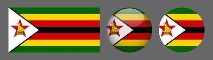 Zimbabwe Flag Set Collection, Original Size Ratio, 3D Rounded, Flat Rounded. vector