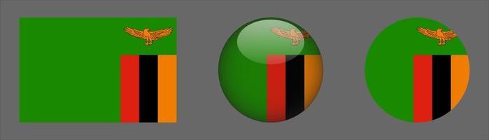 Colección de conjuntos de banderas de Zambia, relación de tamaño original, redondeado en 3d, redondeado plano. vector