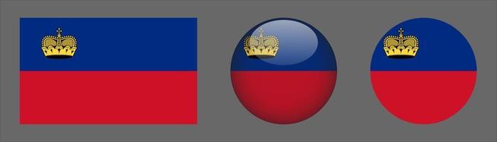 Colección de conjuntos de banderas de Liechtenstein, relación de tamaño original, redondeado en 3D y redondeado plano vector