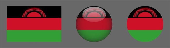 Malawi Flag Set Collection, Original Size Ratio, 3D Rounded and Flat Rounded. vector