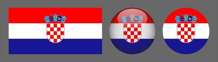 Colección de conjunto de bandera de Croacia, relación de tamaño original, redondeado en 3d y redondeado plano vector