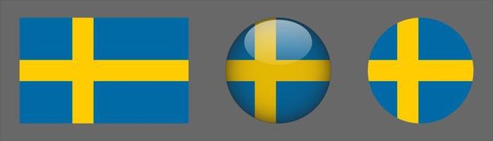 Sweden Flag Set Collection, Original Size Ratio, 3D Rounded and Flat Rounded. vector