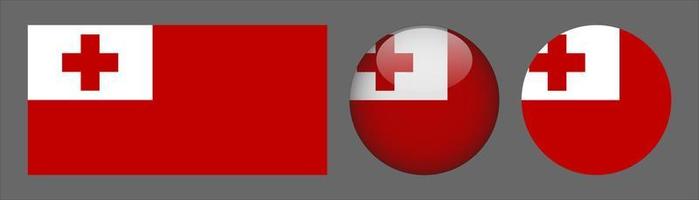 Tonga Flag Set Collection, Original Size Ratio, 3D Rounded and Flat Rounded. vector