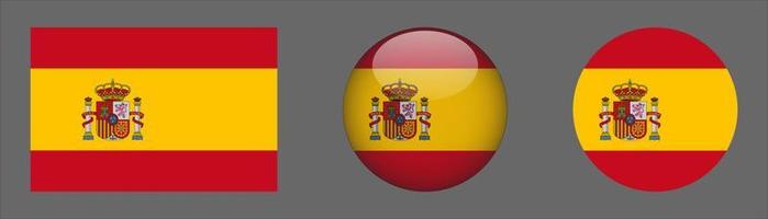 colección de conjuntos de bandera de españa, relación de tamaño original, redondeado 3d y redondeado plano. vector