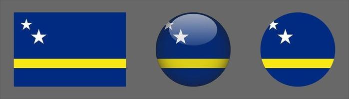 Curacao Flag Set Collection, Original Size Ratio, 3d Rounded and Flat Rounded vector