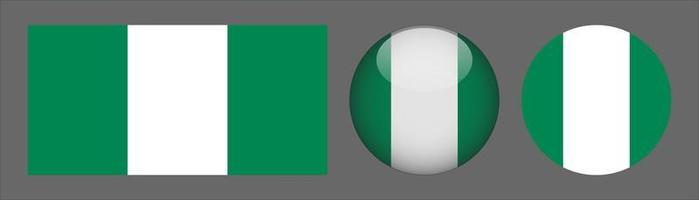 Nigeria Flag Set Collection, Original Size Ratio, 3D Rounded and Flat Rounded. vector