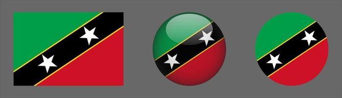 Saint Kitts and Nevis Flag Set Collection, Original Size Ratio, 3D Rounded and Flat Rounded. vector