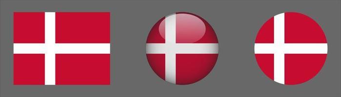 Denmark Flag Set Collection, Original Size Ratio, 3d Rounded and Flat Rounded vector