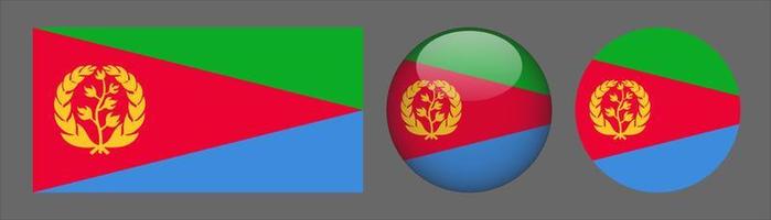 Colección de conjuntos de banderas de eritrea, relación de tamaño original, redondeado en 3D y redondeado plano vector