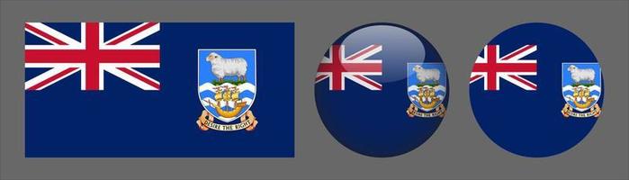 Colección de conjunto de banderas de las Islas Malvinas, relación de tamaño original, redondeado en 3D y redondeado plano