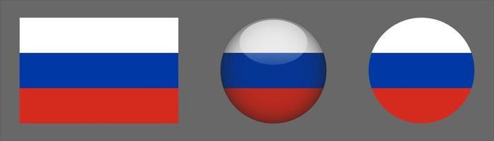 Colección de conjunto de bandera de Rusia, relación de tamaño original, redondeado 3d y redondeado plano. vector