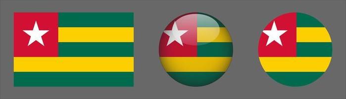 Togo flag set collection, relación de tamaño original, redondeado 3d y redondeado plano. vector