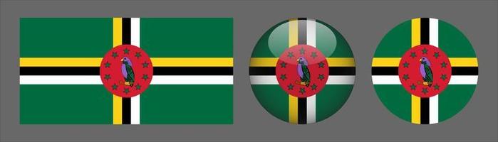 dominica flag set collection, relación de tamaño original, 3d redondeado y plano redondeado vector