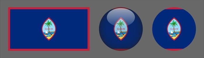 Guam Flag Set Collection, Original Size Ratio, 3d Rounded and Flat Rounded vector