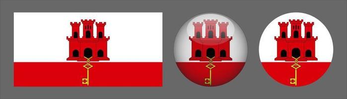 Colección de conjunto de bandera de gibraltar, relación de tamaño original, redondeado en 3d y redondeado plano vector