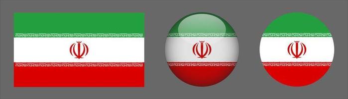 Colección de conjunto de bandera de Irán, relación de tamaño original, redondeado en 3D y redondeado plano vector