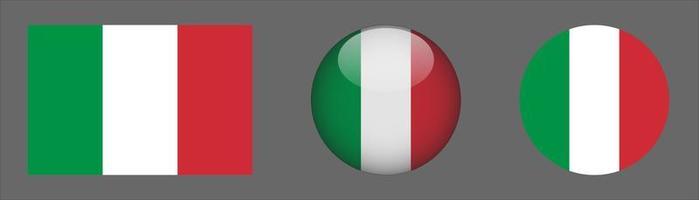 Colección de conjunto de bandera de Italia, relación de tamaño original, redondeado en 3D y redondeado plano vector