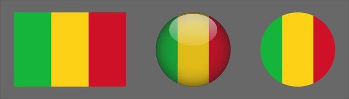 Mali Flag Set Collection, Original Size Ratio, 3D Rounded and Flat Rounded. vector