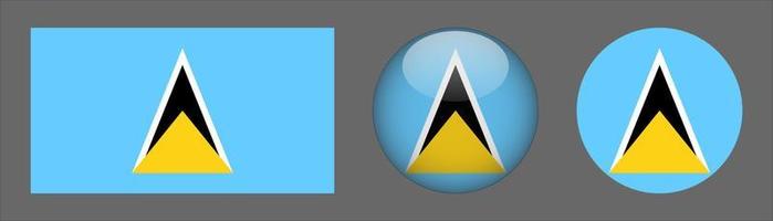 Saint Lucia Flag Set Collection, Original Size Ratio, 3D Rounded and Flat Rounded. vector