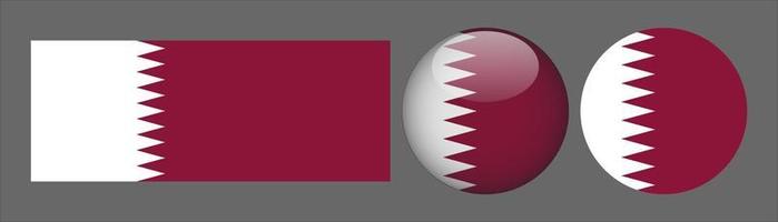 colección de conjunto de bandera de qatar, relación de tamaño original, redondeado 3d y redondeado plano. vector