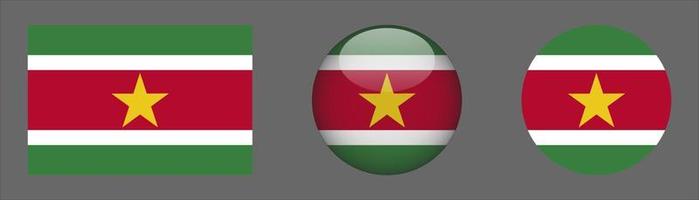 Suriname Flag Set Collection, Original Size Ratio, 3D Rounded and Flat Rounded. vector