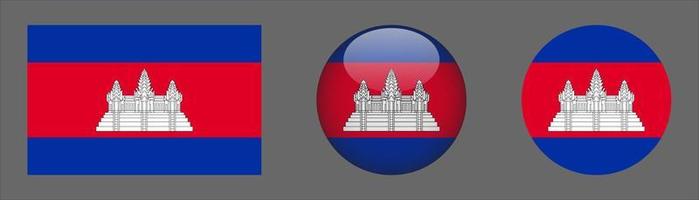 Colección de conjunto de bandera de Camboya, relación de tamaño original, redondeado en 3d y redondeado plano vector