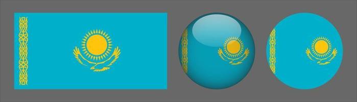 Kazakhstan Flag Set Collection, Original Size Ratio, 3d Rounded and Flat Rounded vector