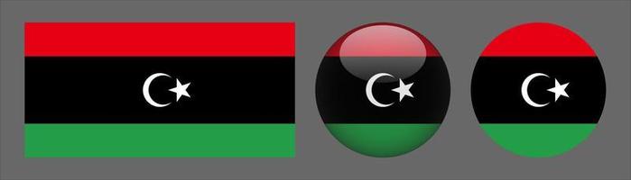 Colección de conjunto de bandera de libia, relación de tamaño original, redondeado en 3d y redondeado plano vector