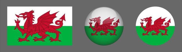 Wales Flag Set Collection, Original Size Ratio, 3D Rounded, Flat Rounded. vector