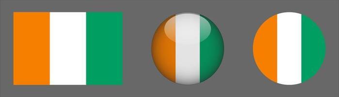 Ivory Coast Flag Set Collection, Original Size Ratio, 3d Rounded and Flat Rounded vector