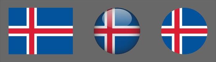 Iceland Flag Set Collection, Original Size Ratio, 3d Rounded and Flat Rounded vector