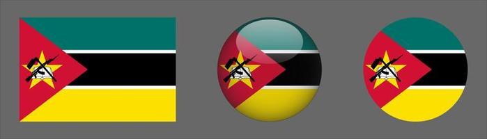 colección de conjunto de bandera de mozambique, relación de tamaño original, redondeado 3d y redondeado plano. vector