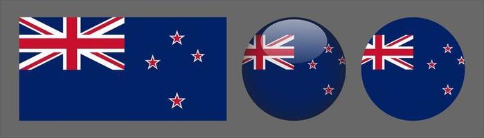 colección de conjunto de bandera de nueva zelanda, relación de tamaño original, redondeado 3d y redondeado plano. vector