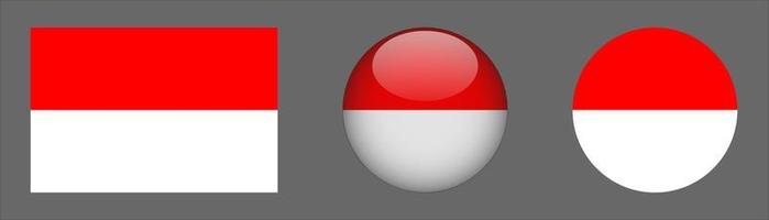 Indonesia Flag Set Collection, Original Size Ratio, 3d Rounded and Flat Rounded vector