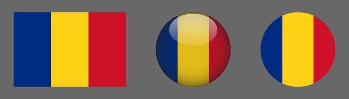 Romania Flag Set Collection, Original Size Ratio, 3D Rounded and Flat Rounded. vector