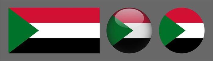 Sudan Flag Set Collection, Original Size Ratio, 3D Rounded and Flat Rounded. vector