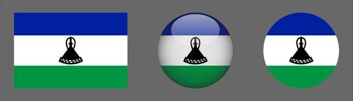 colección de conjunto de bandera de lesotho, relación de tamaño original, redondeado 3d y redondeado plano vector