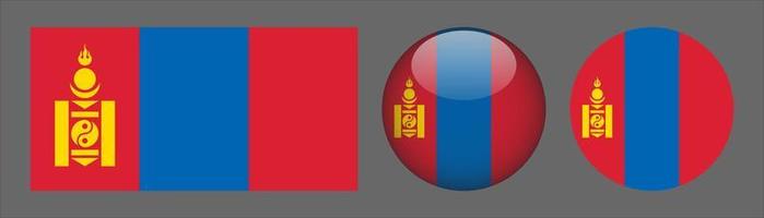 Mongolia Flag Set Collection, Original Size Ratio, 3D Rounded and Flat Rounded. vector