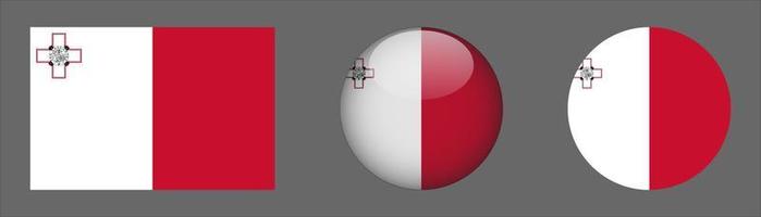 Malta Flag Set Collection, Original Size Ratio, 3D Rounded and Flat Rounded. vector