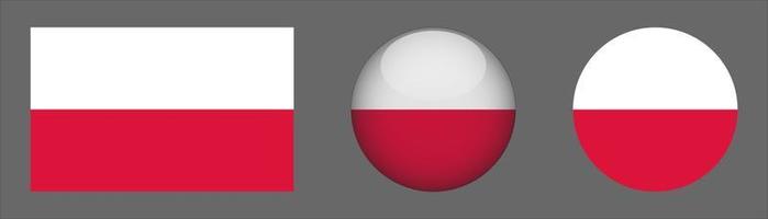 Poland Flag Set Collection, Original Size Ratio, 3D Rounded and Flat Rounded. vector