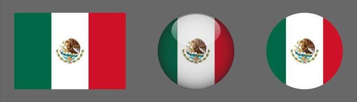 Mexico Flag Set Collection, Original Size Ratio, 3D Rounded and Flat Rounded. vector